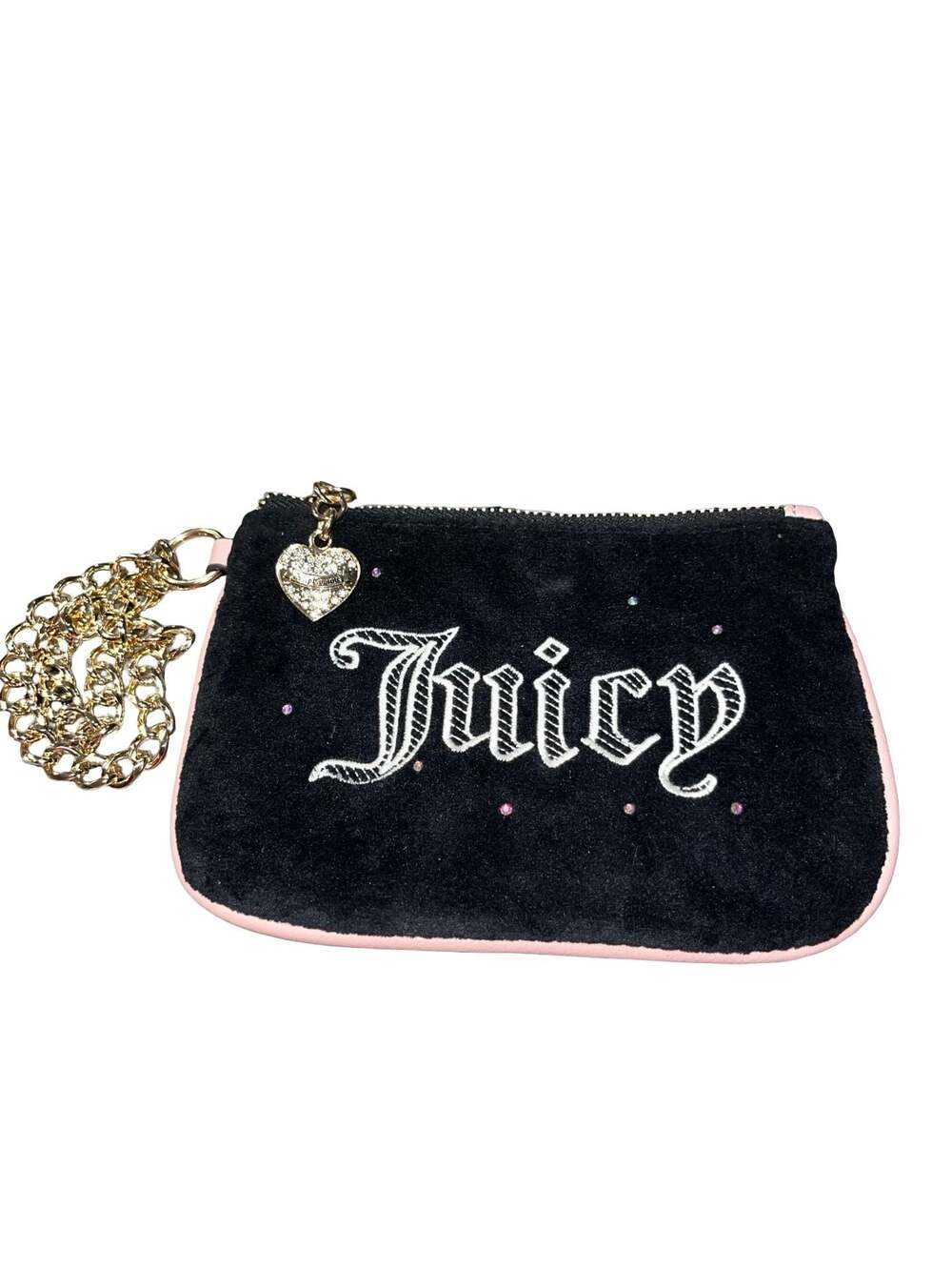 Juicy Couture Black Velour & Pink Gothic Logo Wristlet Coin Purse with Heart Cha